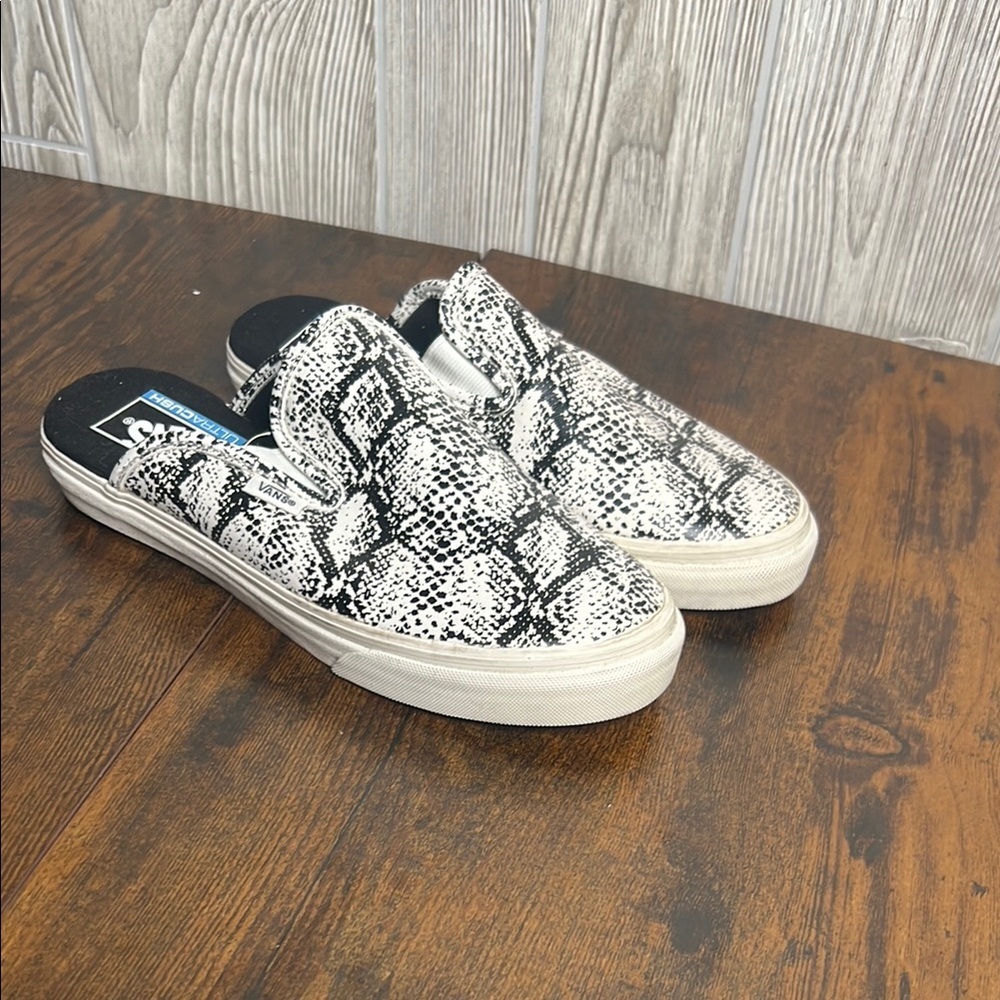 Vans Black and White Snake Print Slip-On Shoes